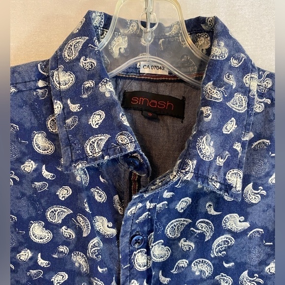 Smash Dress Shirt Blue with White Paisley Mens Sm - Picture 3 of 10